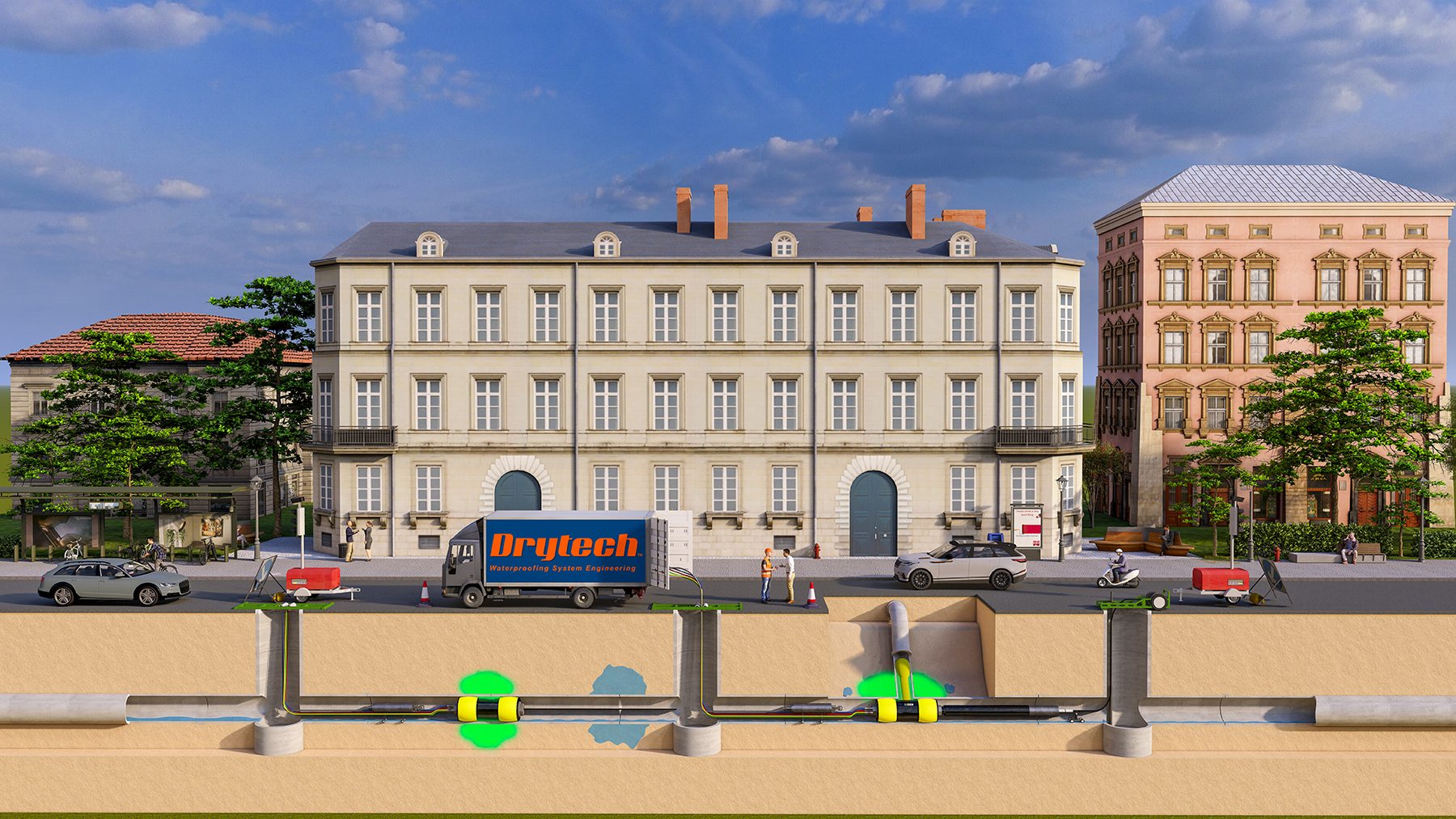 Sanierung von Rohrleitungen ohne Aushub mit einem Roboter zum Einspritzen von Harz, das die Leitungen abdichtet und den Boden festigt.