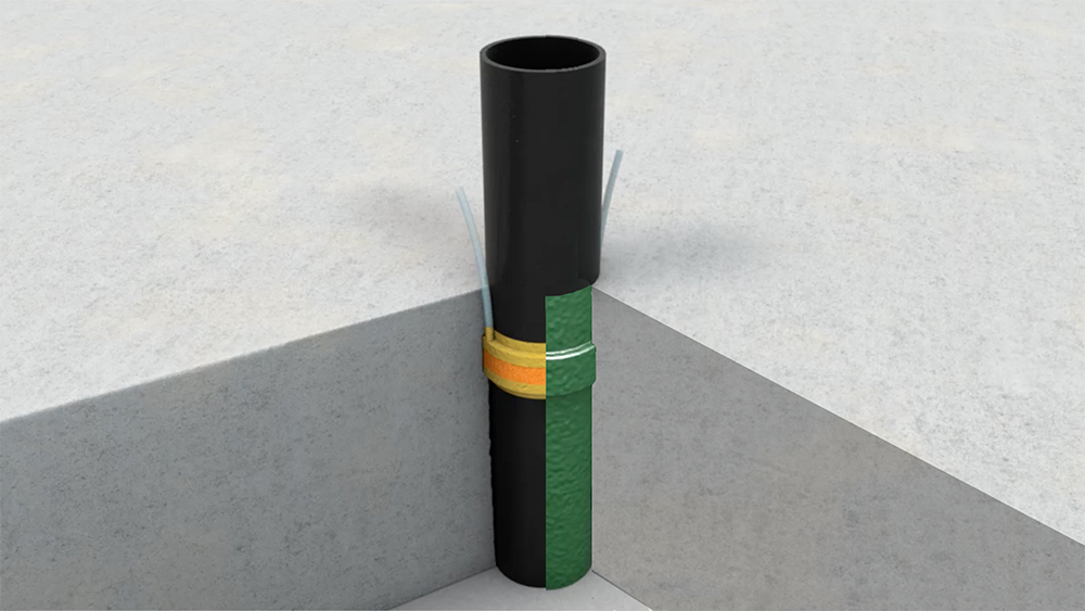 elemento passante in platea predisposto con manicotto e impermeabilizzato con iniezione di resina impermeabilizzante 